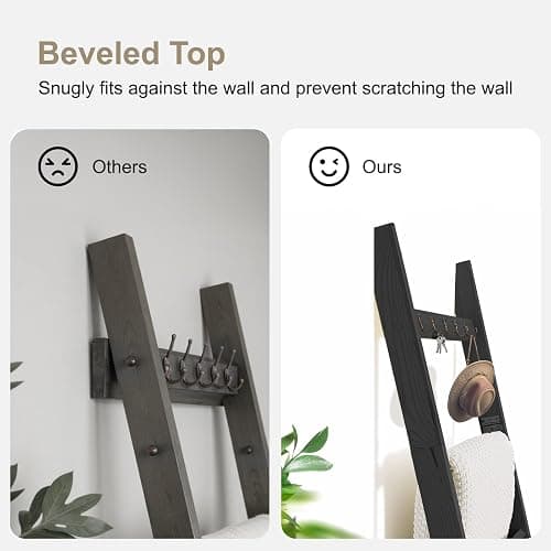 TEAKMAMA 6-Tier Blanket Ladder for Living Room and Bedroom,5.4 Ft Wall Leaning Quilt Rack with Hooks,Rustic Decorative Farmhouse Blanket Storage,Stylish Ladder Holder,Christmas Decorations,Black thumbnail 4