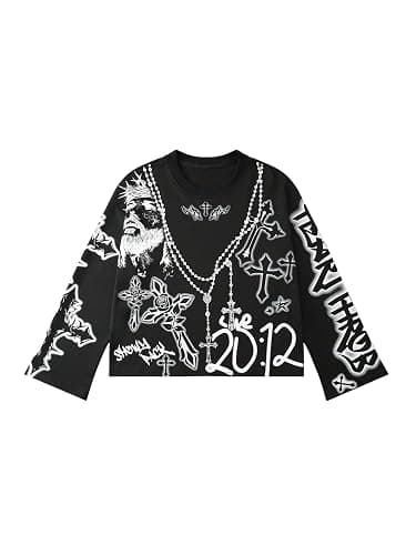 WDIRARA Men's Graphic Cross Print Long Sleeve Sweatshirts Crew Neck Pullover Tops Streetwear - Image 1