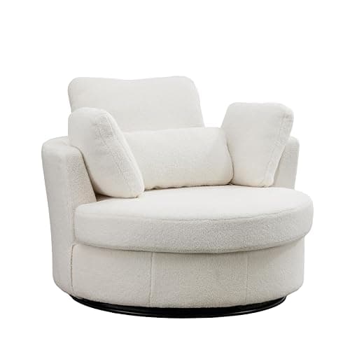 Aortzio 49.6''W Swivel Accent Barrel Chair, Oversized Teddy Fabric Upholstered Round Single Couch Sofa with 4 Pillows for Living Room, Apartment, Bedroom (Ivory). thumbnail 7