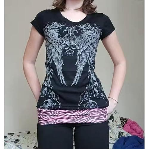 Grunge Shirts 2000s Clothing Women Vintage Graphic Tees Y2k Short Sleeve Goth Tops Teens Emo Clothes Streetwear thumbnail 2