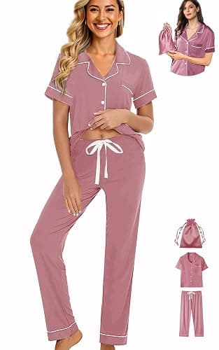 WJing Yi Jia Womens 3Pcs Pajamas Set Soft Pajama Sets Button Down Pjs Set Knit Sleepwear Lounge Sets with Long Pants XS-XXL - Image 1