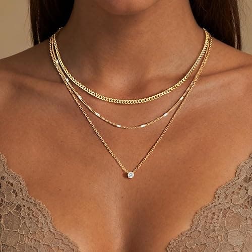 WomenGifts Layered Gold Necklaces for Women, 14K Gold Sterling Silver Plated Dainty Pendant Necklace Set with Cubic Zirconia Circle, Chunky Stackable Cuban Chain Choker, Trendy Personalized Birthstone Jewelry Gift Non Tarnish thumbnail 3