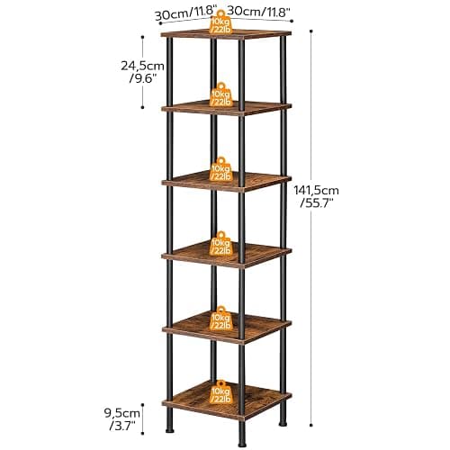 HOOBRO 6-Tier Corner Shelf, Corner Square Rack Display Shelf, Tall Storage Rack Plant Stand, Corner Bookcase for Small Spaces, Living Room, Home Office, Kitchen, Rustic Brown and Black BF55CJ01 thumbnail 3