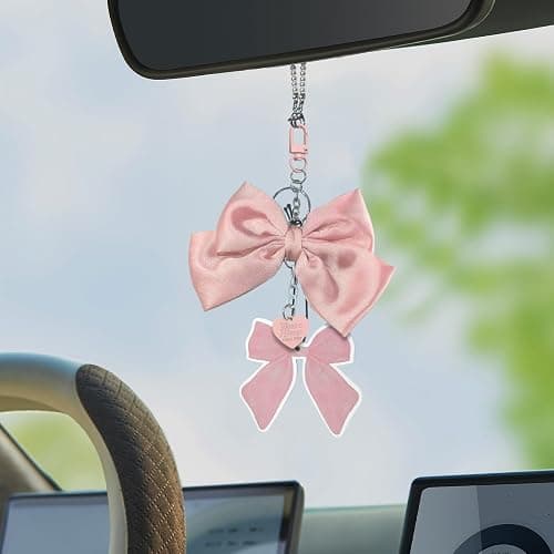 Pink Bow Rear View Mirror Hanging Ornament, Cute Car Accessories for Women & Girls, Car Interior Decor Charm,Rear View Mirror Decorations, Girly Auto Accessories Hanging car Charm thumbnail 2