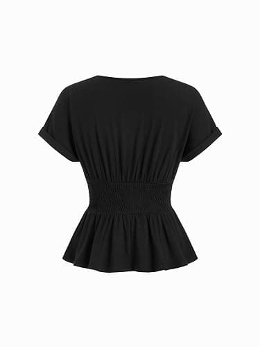 CIDER Womens Business Casual Tops Ruffle Deep V Neck Dressy Short Sleeves Wrap Top Ruched Summer Trendy Outfit thumbnail 2