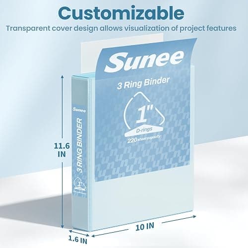 SUNEE 3 Ring Binder 1 Inch D Ring, Clear View Binder Three Ring PVC-Free (Fit 8.5x11 Inches) for School or Office Supplies, Pastel Blue, 1 Pack thumbnail 2