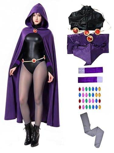 NDJLNZ 6PCS Raven Cosplay Costume Women's Halloween Raven Cosplay with Cape Belt Jumpsuit Tights Purple Uniform Suit - Image 1