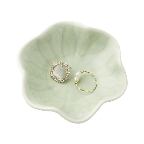 Ceramic Trinket Dish, Ring Tray, Decorative Jewelry Dish for Earrings Necklaces Watch Keys Women (Green Leaf) - Image 1