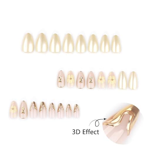 Yellow Flower Press On Nails with Gold 3D Design, Glossy Almond Fake Nails with Metallic Line Art, Elegant Reusable Stick On Nails for Women and Girls, 24PCS Full Cover False Nail Set thumbnail 4