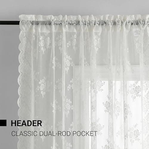 Kotile Ivory Lace Curtains 84 Inches Long - Vintage Embroidered Floral Sheer Lace Curtains for Living Room, Scalloped Privacy Sheer Curtain for Windows, 52 x 84 Inch, 2 Panels, Ivory thumbnail 4