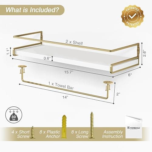 Forbena Floating Bathroom Shelves Wall Mounted, Aesthetic White and Gold Shelves for Bathroom Accessories, Modern Bathroom Organizer with Tower Bar for Wall Decor Storage Small Spaces, Set of 2 thumbnail 3