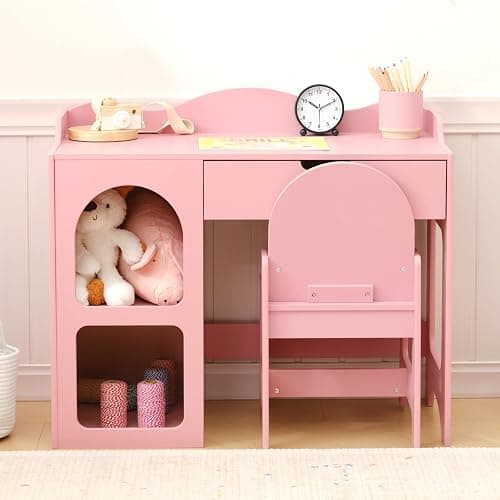 OOOK Kids Study Table and Chair Set, Wooden Kids Desk and Chair Set, Toddler Art Desk with Storage, Children Writing Table for 5-12 Years Old, Home School Use, Pink thumbnail 8