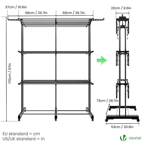 VOUNOT® Séchoir à Linge Extensible Grande Capacité Tour de Séchage 3 Niveaux Pliable 40m d’Étendage Étendoir Vertical Multifonction pour Intérieur et Extérieur Noir thumbnail 3