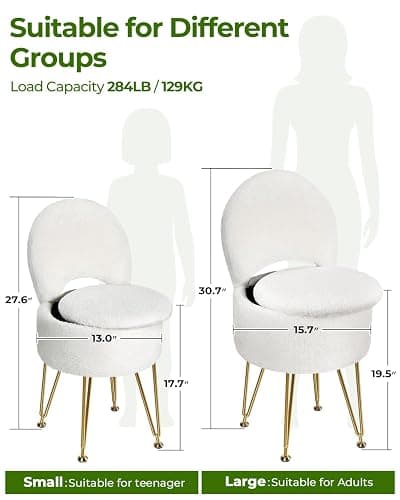 GREENSTELL Small Vanity Stool Chair with Storage and Folding Back, 13" x 13" x 17.7" Faux Fur Soft Ottoman for Teenager, 4 Metal Legs with Anti-Slip Feet, Furry Padded Seat for Makeup, Bedroom, White thumbnail 2