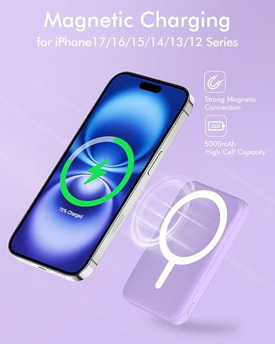 podoru for MagSafe Power Bank 5000mAh, Ultra-Slim Magnetic Portable Charger | 20W PD Fast Charging, Travel Essentials with USB-C Cable, Wireless Battery Pack for iPhone 17/16/15/14/13/12 Series-Purple thumbnail 3