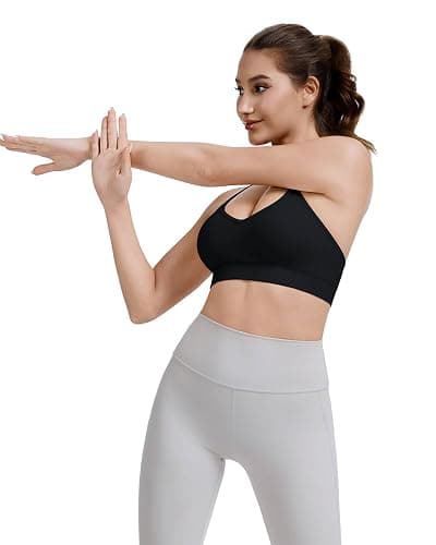 VEQKING Adjustable Sports Bras for Women, V Neck Cross Back Strappy Spaghetti Straps Padded Yoga Bra, 3 Pack thumbnail 3