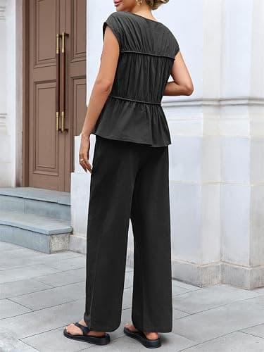 Tankaneo Womens 2 piece linen Pants sets Summer Cotton Vacation Outfits | Two Piece Matching Set, Babydoll Peplum Pleated Tank Top, Beach, Airport Travel thumbnail 5