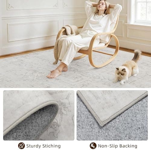 8x10 Area Rugs for Living Room: Vintage Boho Neutral Washable Rug Indoor Soft Large Area Rug Carpet for Bedroom Nursery Farmhouse Dining Room Office Floor Non-Slip Low Pile Under Table Neutral Cream thumbnail 4