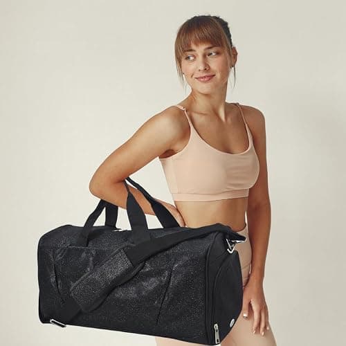 NGIL Glitter Cheer Gym Duffel Bag with Shoe Compartment, Small Travel Tote, and Overnight Carry-On for Women (Glitter-Black) thumbnail 3
