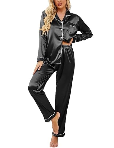Ekouaer Women's Classic Button Down Long Satin Silk Pajama Set