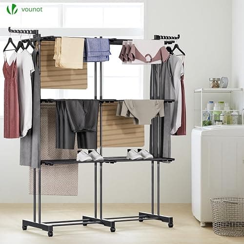 VOUNOT® Séchoir à Linge Extensible Grande Capacité Tour de Séchage 3 Niveaux Pliable 40m d’Étendage Étendoir Vertical Multifonction pour Intérieur et Extérieur Noir thumbnail 2