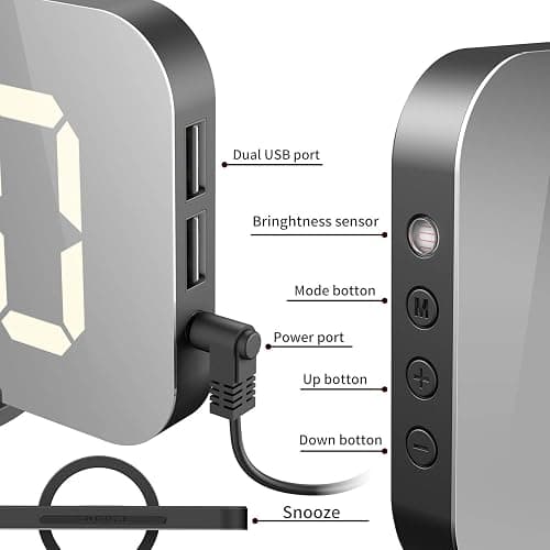 EXTSUD Sveglia Digitale con Display a Specchio Orologio Sveglia Elettronica con Luce Notturna Grande LED Schermo 12/24H Funzione Pisolino 2 Porte USB per Ricarica Smartphone thumbnail 4