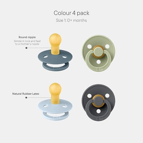 BIBS Pacifiers - Colour 4-Pack | BPA Free Baby Pacifier | Round Nipple Binkies | Natural Rubber Latex Soother | Made in Denmark | Size 1 (0-6 Months) | Baby Blue Mix thumbnail 4