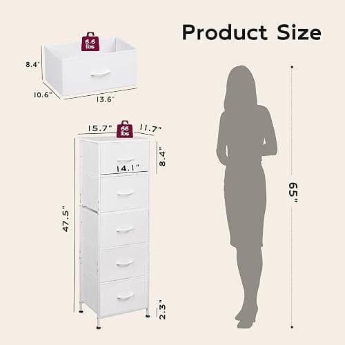WLIVE Tall Dresser for Bedroom, 5 Drawer Dresser, White | 5 vertical fabric drawers, Tall vertical design, Bedroom or closet use, Dresser for small spaces, Chest of drawers thumbnail 3