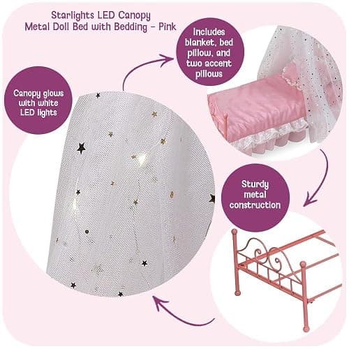 Badger Basket Starlights Metal Doll Bed - LED Canopy Bed Set Fits 18 Inch Dolls - Includes Mesh Drapes Decorative Pillows Reversible Blanket - Pretend Play Doll Furniture - Pink thumbnail 4