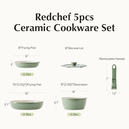 Redchef Ceramic Cookware Set, Removable Handle Pots And Pans Non Stick, Rv Cookware Set, Non Toxic Pots And Pans Set No PFAS & PTFE & PFOA, Detachable Pots And Pans, Dishwasher & Oven Safe (Green) - Green thumbnail 8