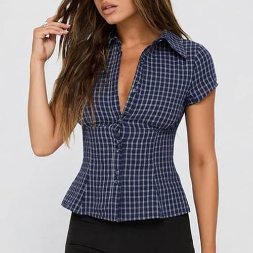 Women Y2k Short Sleeve Button Up Shirt Lapel Collar V Neck Plaid Open Front Blouse Basic Casual Going Out T-Shirt thumbnail 2