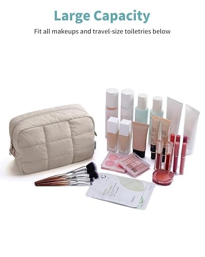 Narwey Quilted Makeup Bag for Women Girl, Puffer Travel Cosmetic Bag Puffy Make Up Bag Organizer, Cute Travel Toiletry Bag for Toiletries (Khaki) thumbnail 6
