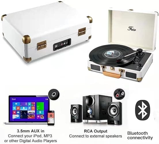Vinyl Record Player Bluetooth with Speakers 3 Speed Portable Turntable Suitcase Built in 2 Speakers RCA Line Out AUX Headphone Jack PC Recorder-White thumbnail 4