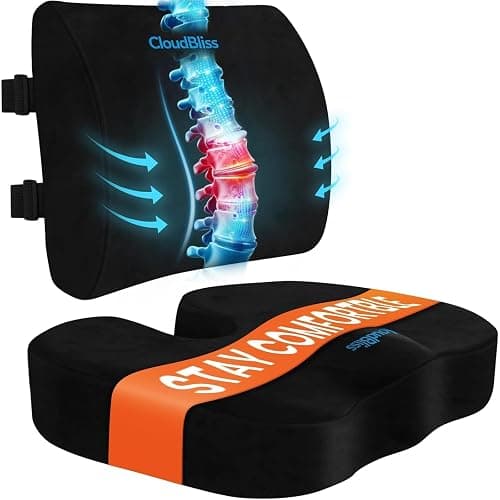 CloudBliss Lumbar Support Pillow & Seat Cushion Set for Office Chair, Desk Chair, Wheelchair & Car – Memory Foam Back Support, Ergonomic Chair Cushions, Sciatica Pain Relief,f, Home Essentials, Black - Image 1
