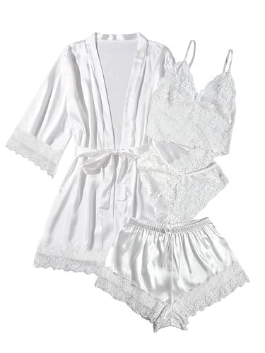 WDIRARA Women' Silk Satin Pajamas Set 4pcs Lingerie Floral Lace Cami Sleepwear with Robe - Image 1