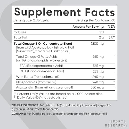 Sports Research® Total Omega-3 Fish Oil 2200mg - Made from Antarctic Krill w/Astaxanthin, Wild Sockeye Salmon & Alaska Pollock - 960mg of EPA & DHA - 120 Softgels thumbnail 5