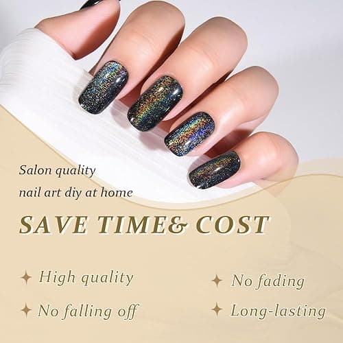 Black Chrome Cat Eye Medium Press on Nails Square, Medium Square Glue on Nails for Women Gift, Black Colorful Iridescent Metallic Glitter Glossy Reusable Summer Stick Gel Press on Acrylic Fake Nail thumbnail 4