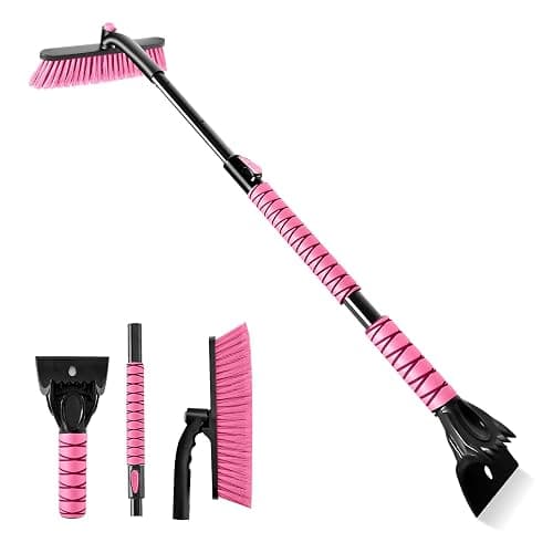 OUSHASAA 44" Ice Scraper and Snow Brush for Car Windshield with Extendable, 360° Pivoting, Soft Bristle Head, Foam Grip, for Car, Truck, SUV Window Tool (Pink) - Image 1