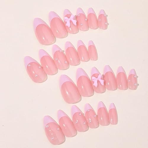 24Pcs French Press on Nails Almond Fake Nails with Bow Pearl Design Pink French Tip False Nails Cute Pink Press on Nail Tips Glossy Artificial Nails Acrylic Stick on Nail for Women Manicure thumbnail 3