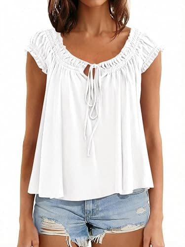 Womens Summer Babydoll Flowy Peplum Tops Cute Cap Ruffle Sleeve Blouse | Scoop Neck Tie Front Tank Top Boho Peasant Blouses Going Out Dressy Pleated Shirts thumbnail 2