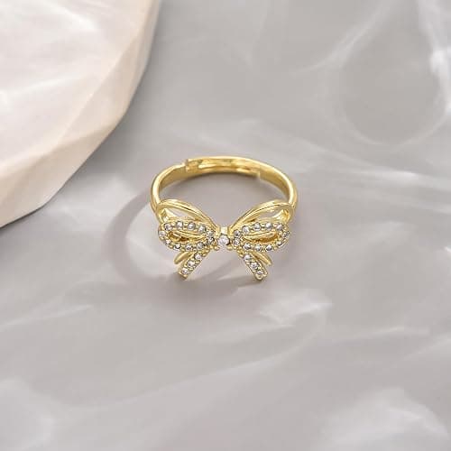18K Gold Plated Stackable Bow Rings for Women Dainty Adjustable Open Cubic Zirconia Friendship Bow Knot Rings thumbnail 5