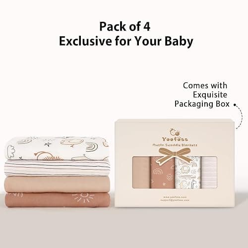 Yoofoss Muslin Swaddle Blankets, 4 Pack Receiving Blankets for Boys and Girls, 47 x 47 Inches Muslin Baby Blankets Soft Breathable - Brown Animals thumbnail 6