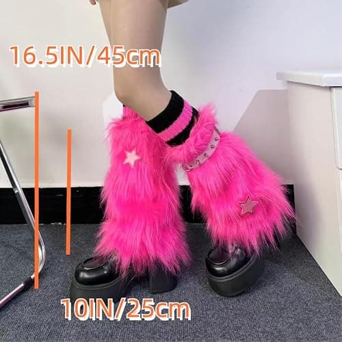 CHERSE Furry Leg Warmers for Women 3in1 Kawaii Star Bone Plush Y2K Leg Socks Pink Lolita Faux Fur 80s Harajuku Punk Gothic thumbnail 2