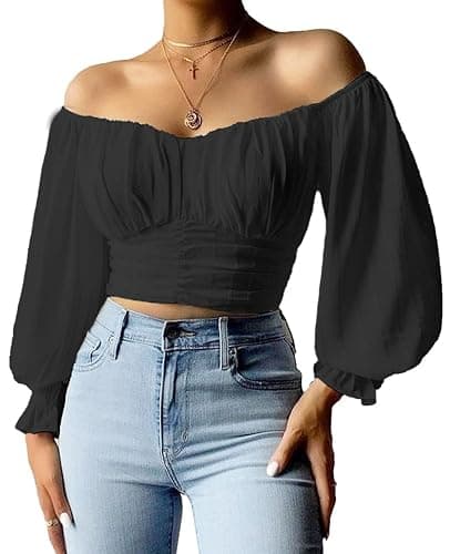 MIRACMODA Woman Off Shoulder Ruched Tie Back Lantern Sleeve Crop Tube Top Chiffon Blouse - Small - T-black - Image 1