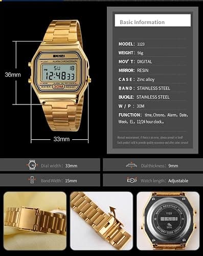 PASOY Men's Digital Gold Stainless Steel Watch Backlit Multifunction Stopwatch Waterproof Sport Watches thumbnail 5