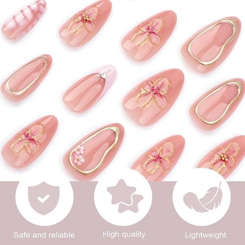 Mrltau 24 Pcs Faux Ongles Pression Printemps Court, Couleur Chair Rose, Faux Ongles avec Décoration Fleur 3D Perles, Pointe Française Pleine Couverture thumbnail 3