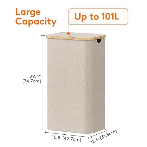Lifewit 101L Laundry Basket with Lid, Clothes Hampers for Laundry with Bamboo Handles and 1 Removable Bag, Large Foldable Laundry Hamper for Bedroom, Bathroom, Dorm, Laundry Room, Beige thumbnail 3