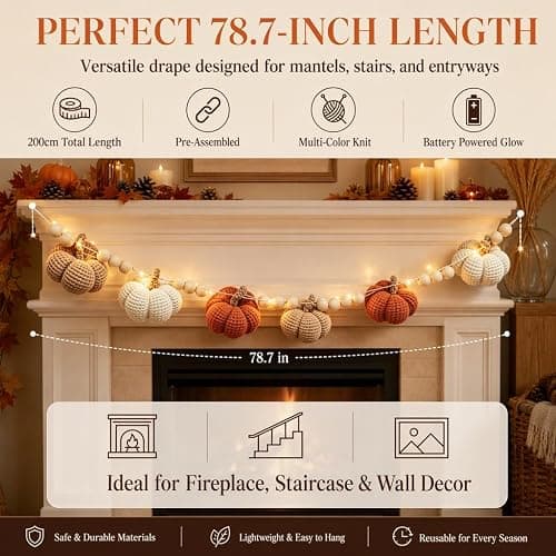 Fall Crochet Thanksgiving Pumpkin Garland, Hand‑Knitted Pumpkin Beaded Hanging String, Pre‑Assembled Autumn Mantel Garland for Halloween Thanksgiving Boho Home Wall Party Decor, 78.74 Inch thumbnail 3
