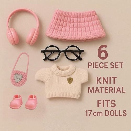 AERHENM 17cm Doll Clothes 6-Piece Outfit Set – Handmade Crochet Sweater, Hat, Bag, Shoes, Glasses & Headphones – Fashion Accessories for 5.91–6.7" Mini Dolls – Doll Not Included (Pink) thumbnail 2