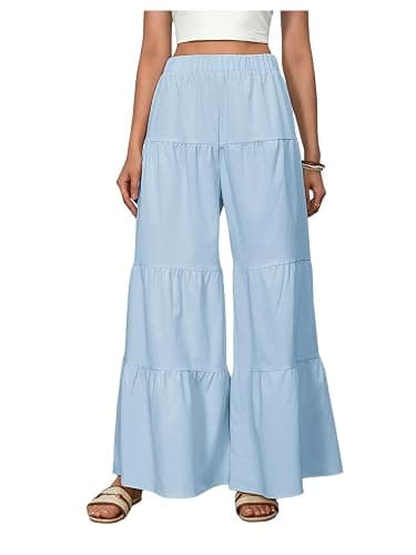 WDIRARA Women's Flowy Boho Elastic High Waist Ruffle Hem Wide Leg Beach Loose Palazzo Pants - Image 1
